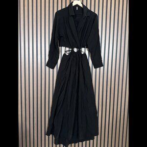 New Young Broke & Fabulous Dress Medium Women Black Derby Cut Out Midi Faux Wrap